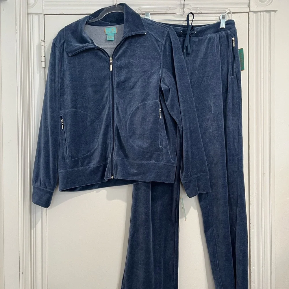 Tangerine Denim Blue VelourTracksuit Sz. L‎ Jacket and S Pants NWT
